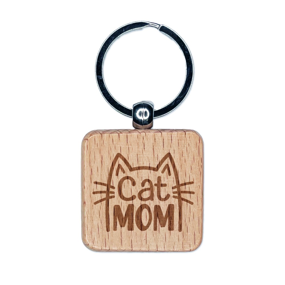 Engraved Wood Keychain for Cat Moms - Personalized Square Pet Tag  