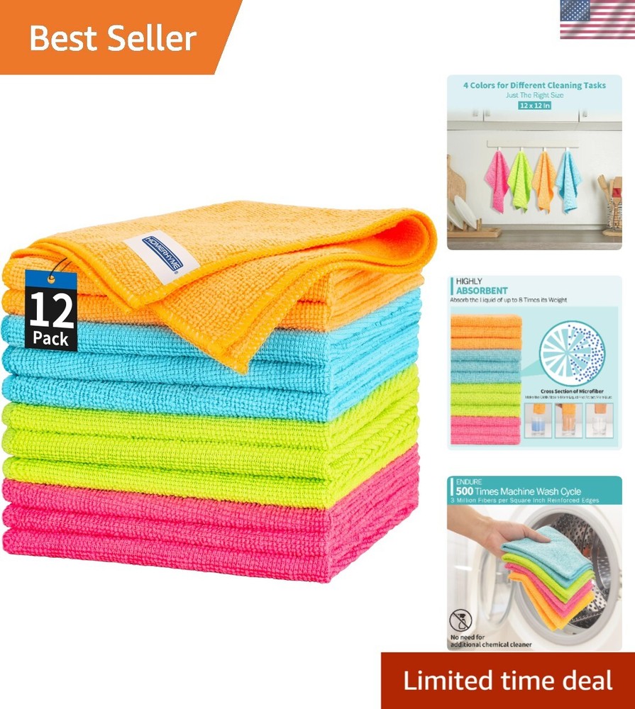 12-Pack Assorted Color Microfiber Cleaning Towels - Super Absorbent & Reusable