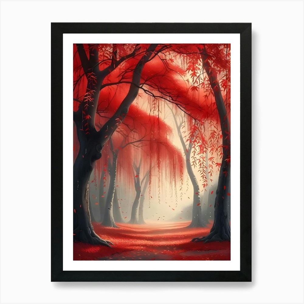 Red Trees Forest Art Print Framed Wall Decor Canvas Picture