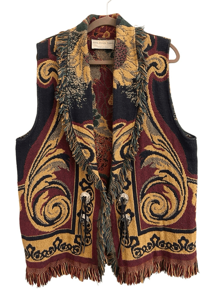 Every Stitch Counts Vintage tapestry blanket vest with concho Native American Su