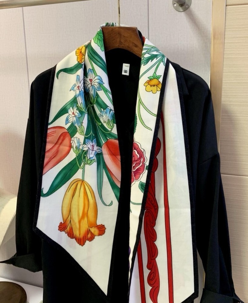 Sallys 70% Cashmere & 30% Silk Tulips Print Double Layer Ribbon Scarf 160*22cm