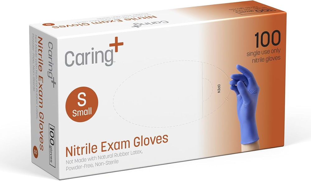 Caring Nitrile Exam Gloves, Blue, Powder-Free, Disposable Gloves for Medical Car