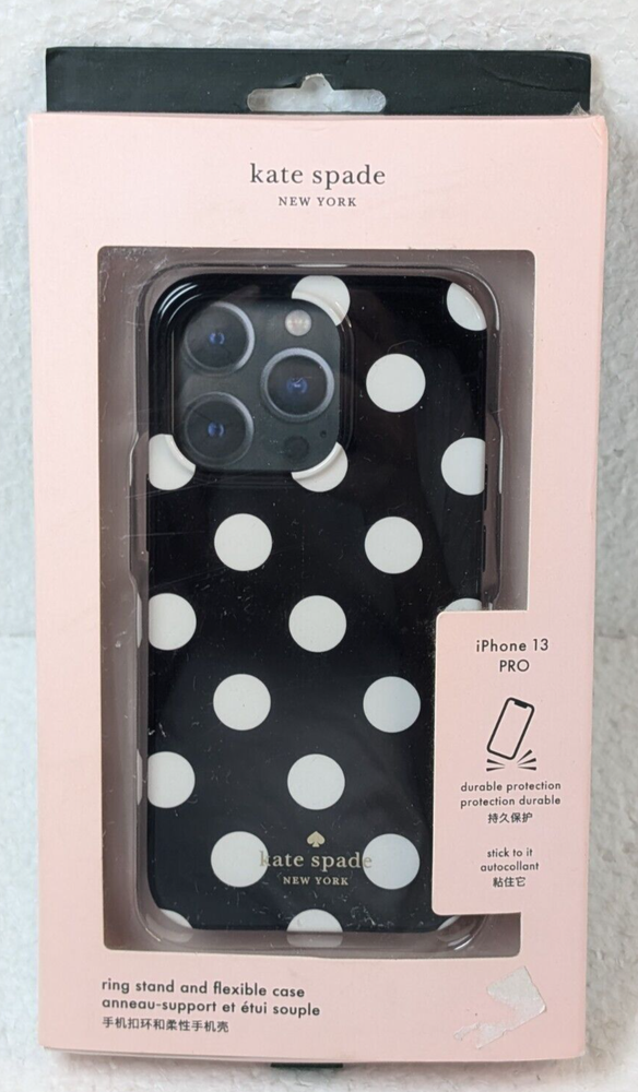 KATE SPADE IPHONE 13 PRO BLACK & WHITE DOTS PHONE CASE W/ STABILITY RING:NIB