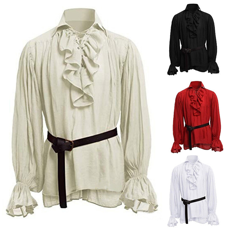Men Steampunk V Neck Puffy Sleeve Renaissance Medieval Shirt Blouse Costume Tops