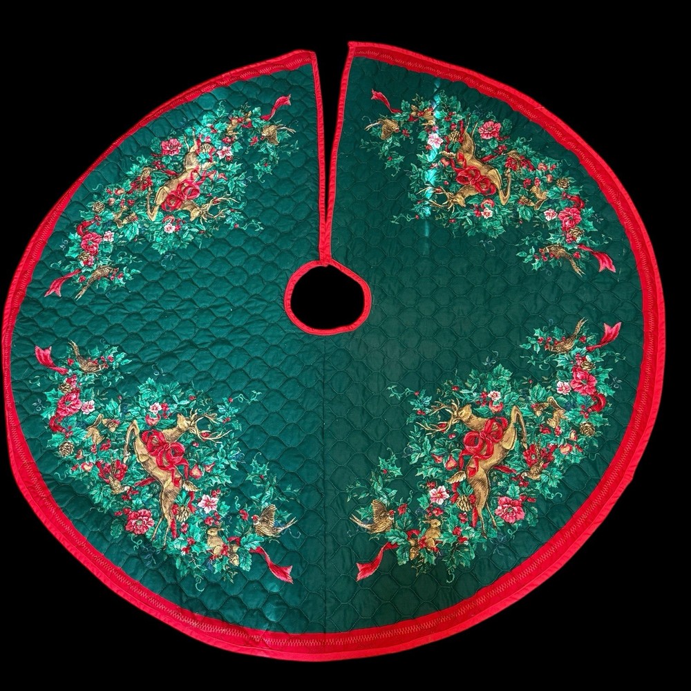 VTG Handmade Quilted Woodland Animals Christmas Tree Skirt Cottage Core 52 Inch