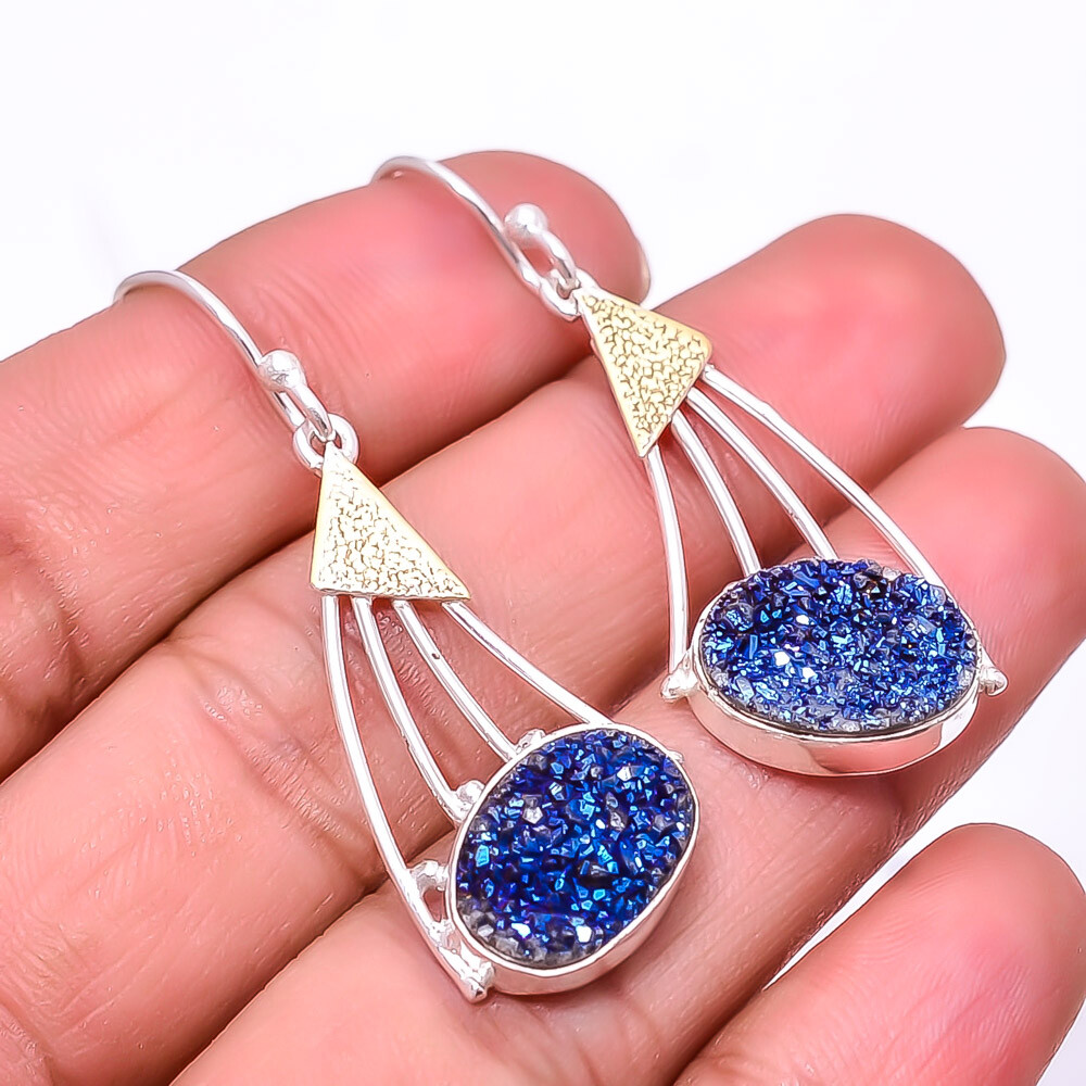 Electric Blue Titanium Agate Drusy 925 Sterling Silver Two Tone Earring 1.95