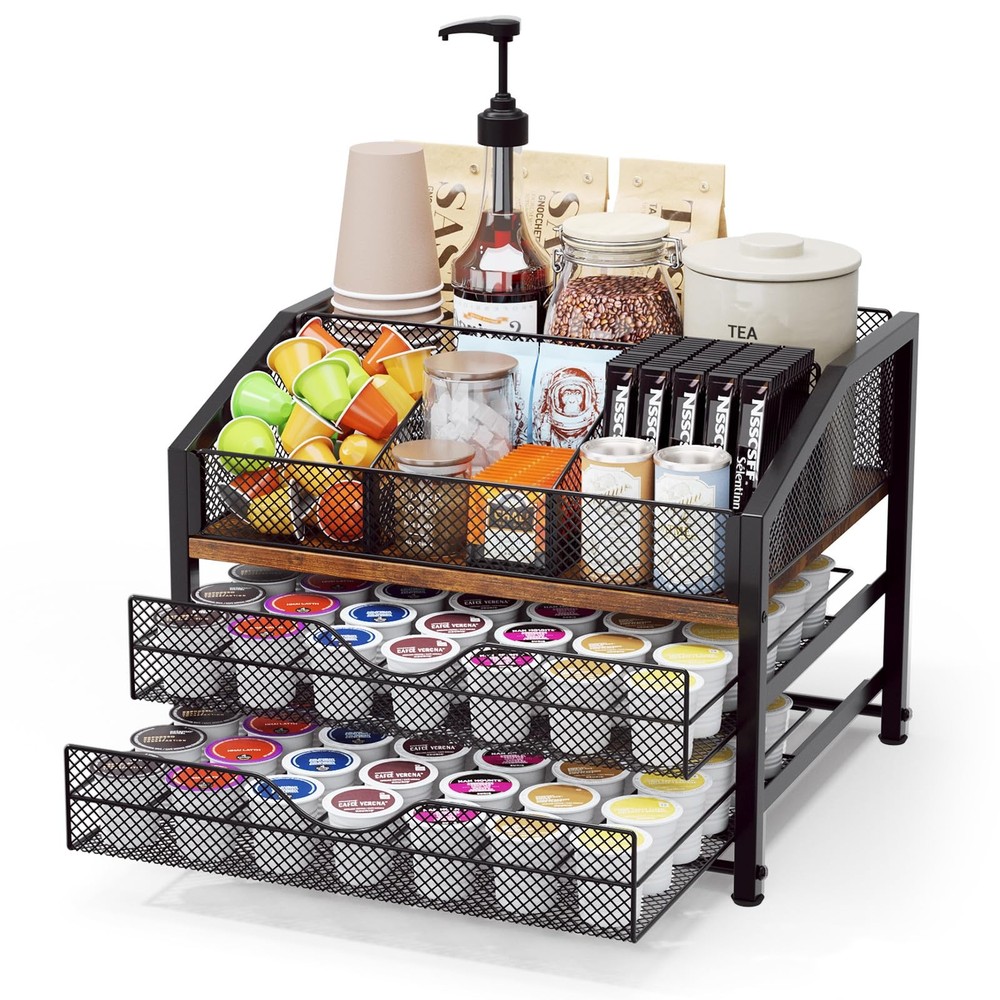 Coffee Bar Organizer - Coffee Station for Countertop, Metal and Wood K Cup ho...