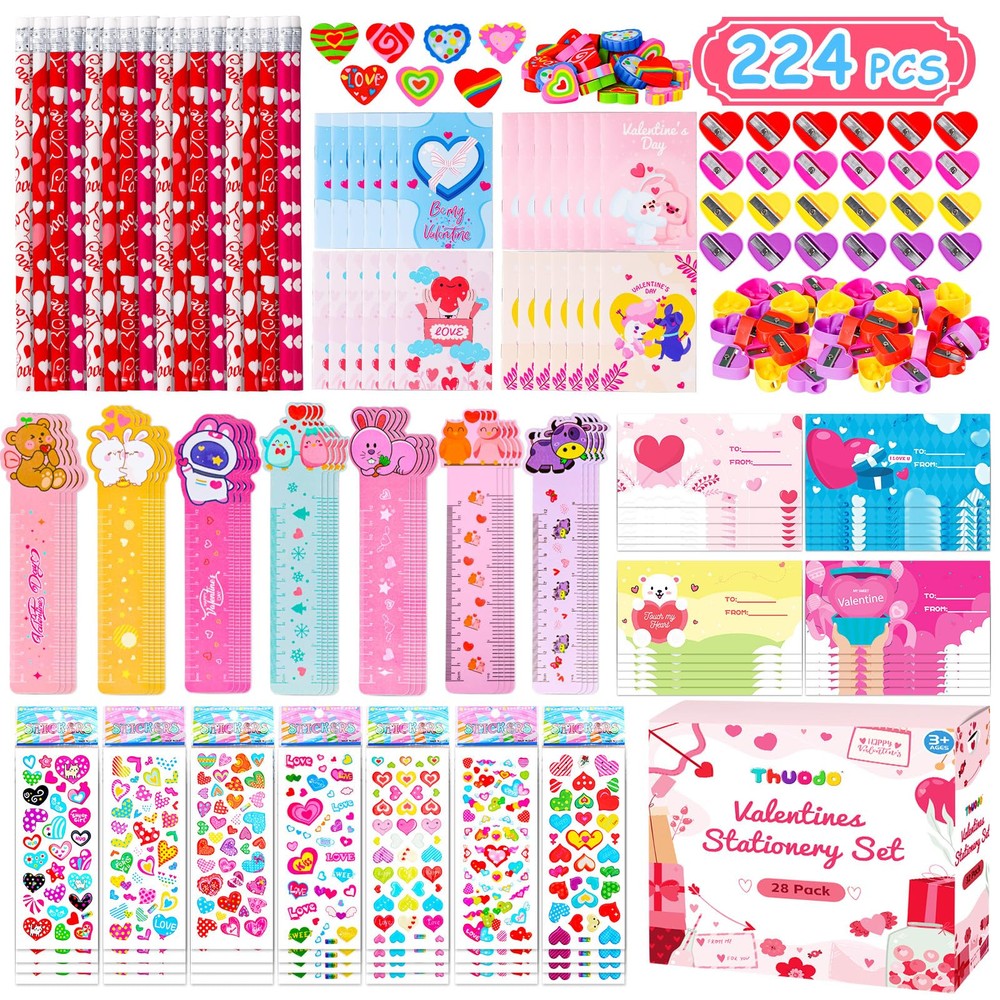 Thuodo 28 Pack Valentines Day Stationery Set for Kids Valentines Day Gift Car...