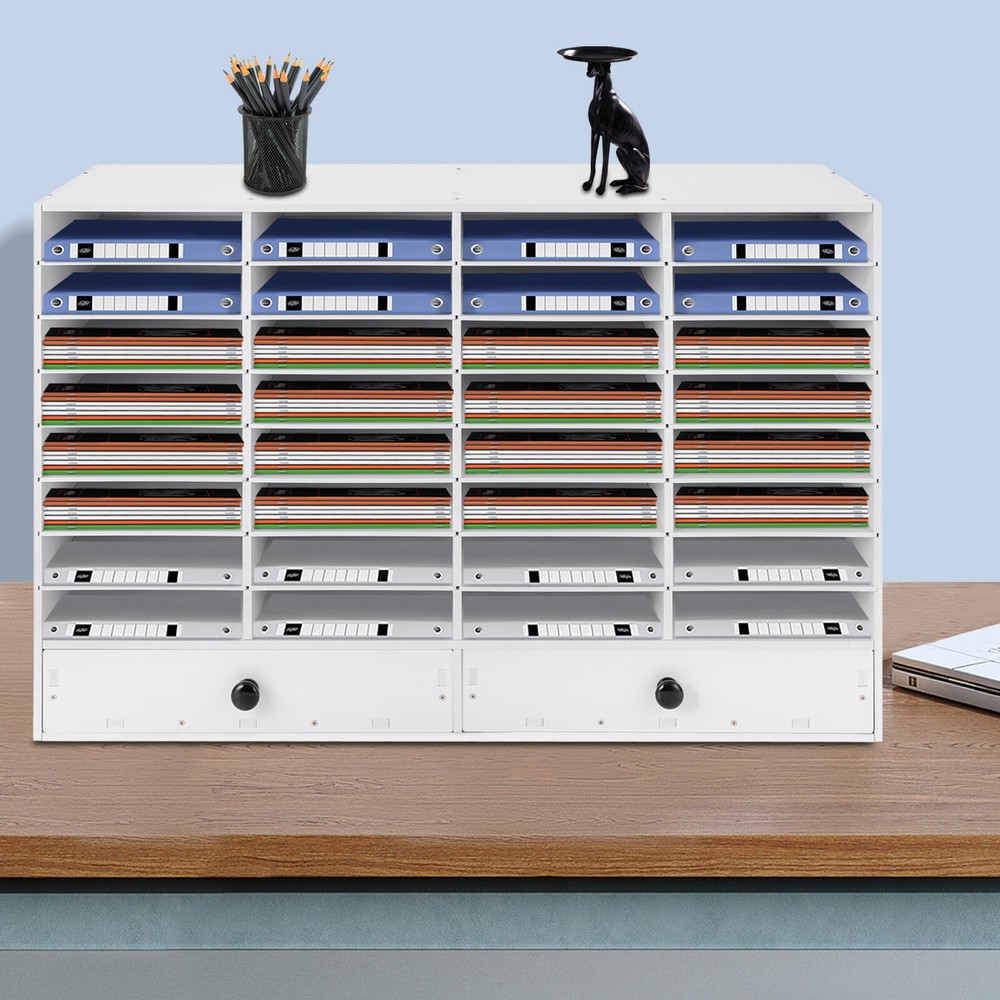 White Adjustable Literature Organizer with 32 Compartments and 2 Drawers New