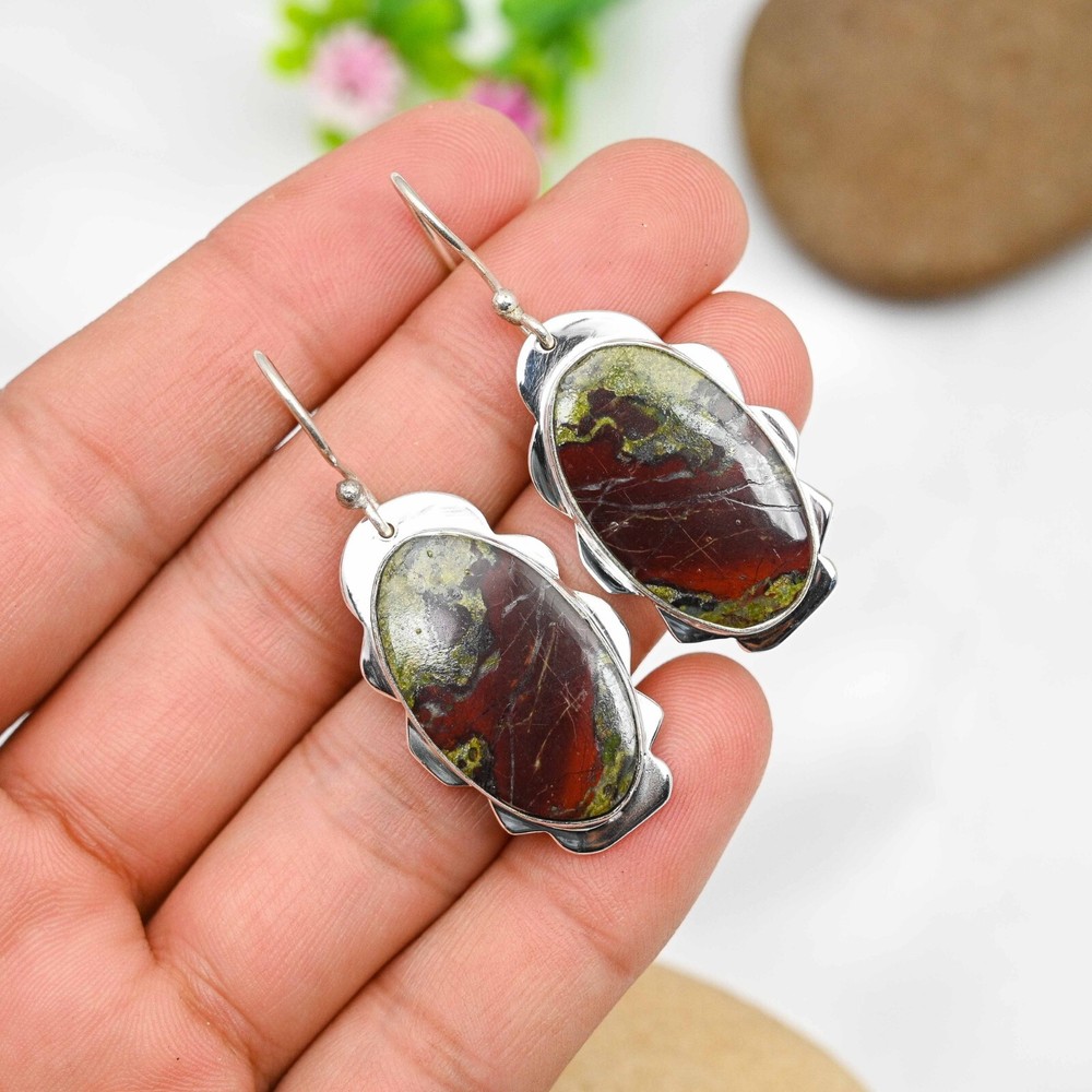 Dragon Blood Jasper Gemstone Earrings 925 Sterling Silver Handmade Jewelry Gift