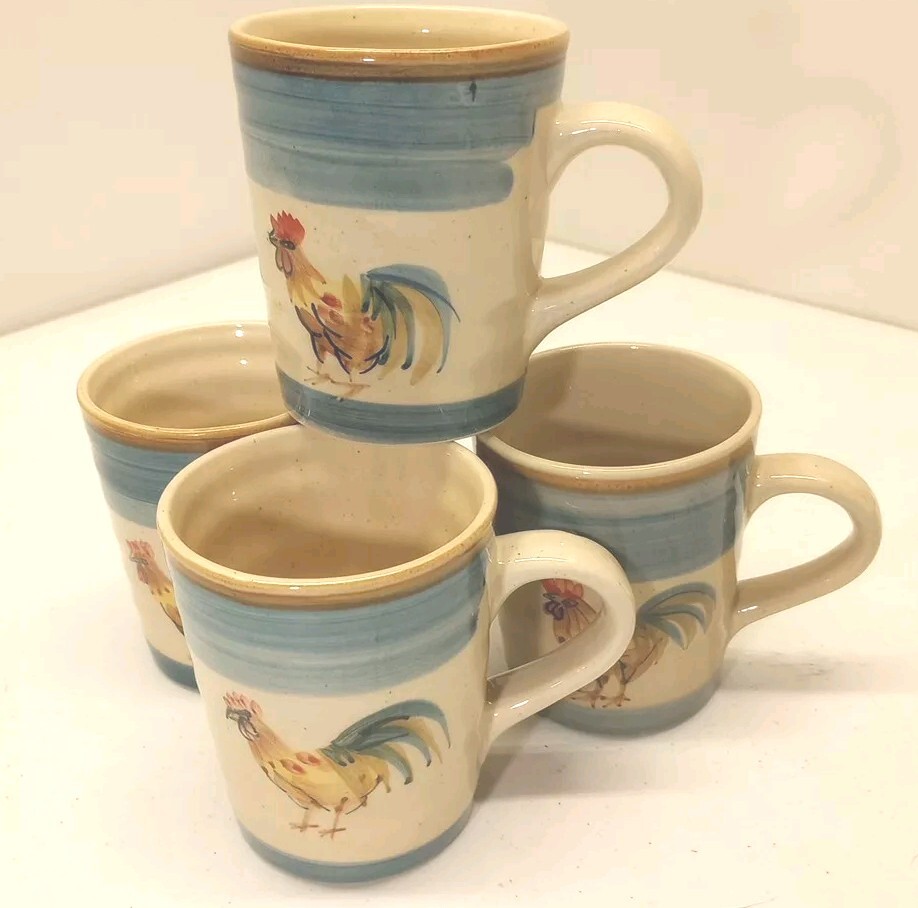 4 Mug Cup Set Ocean Dream Rooster EVERYDAY GIBSON Pattern Country Stoneware Mugs