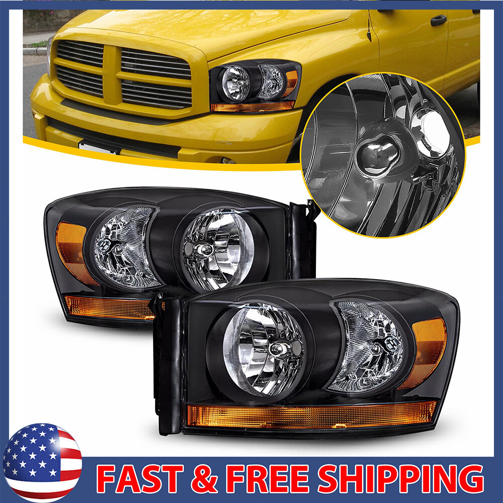 Headlights Headlamps Set Black/Clear Fit For Dodge Ram 1500 2500 3500 2006-2009
