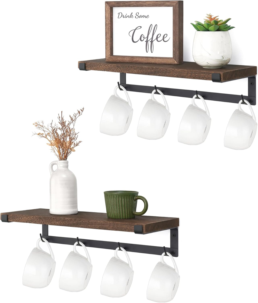 Mug Holder Wall Mounted Mug Rack Hooks 2 Set Storage Rustic Floating Shelf Decor