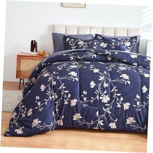 Bed in a Bag Comforter Set，7 Pieces Floral Comforter Set Bedding Queen Navy