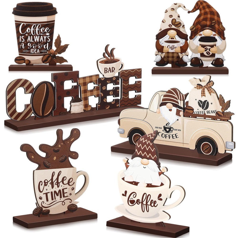 6 Pcs Coffee Bar Decor Sign Coffee Bar Accessories Farmhouse Coffee Gnomes Ru...