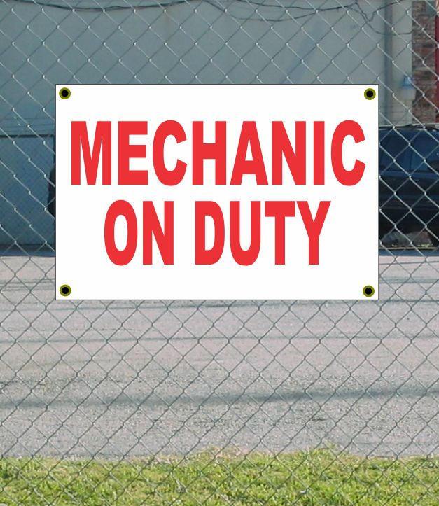 2x3 Mechanic On Duty Red & White Banner Sign – Discounted Size & Price with Free Shipping