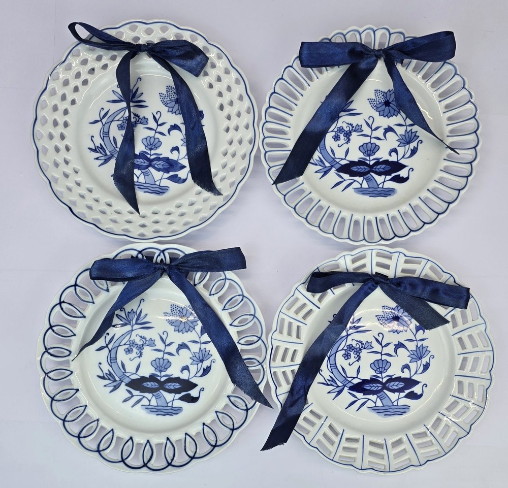Set Of 4 Blue & White Chinoiserie Wall Decorative Plates Lattic 8
