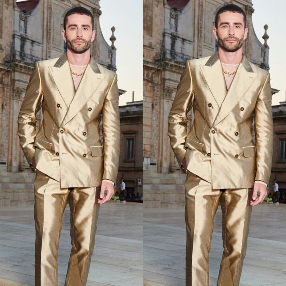 Silk Satin Golden Men's Suits Dinner Party Prom Fashion 2 Pcs Tuxedos Blazers