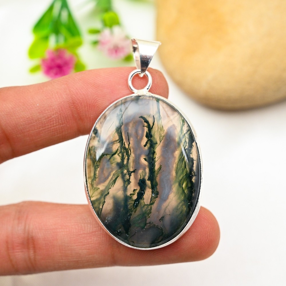 Stunning Moss Agate Pendant in 925 Sterling Silver Handmade Jewelry Gift
