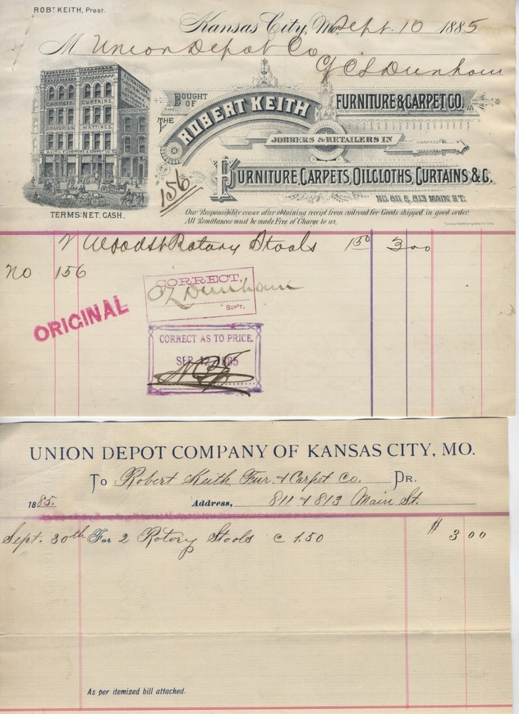 1885 Kansas City Missouri Billhead & Voucher for Robert Keith Furniture - Rare Graphic-image