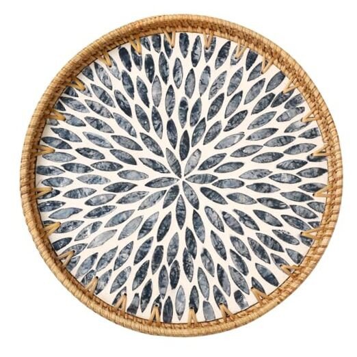 Round Rattan Tray with Mother of Pearl Inlay, Rattan Serving Tray for Coffee,