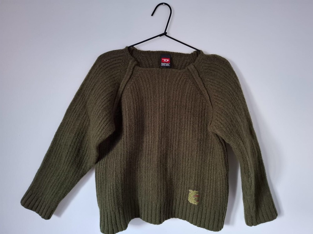 DIESEL Ribbed Knit Sweater - Army Olive Green, 100% Wool, Statement Style, XS