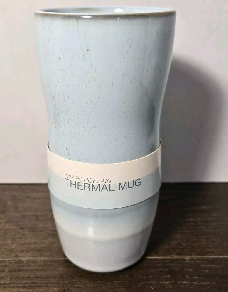 12oz Porcelain Double Wall Thermal Travel Mug  Blue Gray Boho Coffee Cup
