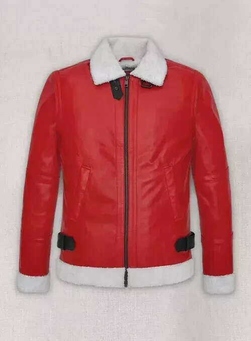 Mens Red Pure Lambskin Leather Jacket Santa Claus Christmas Style Leather Jacket