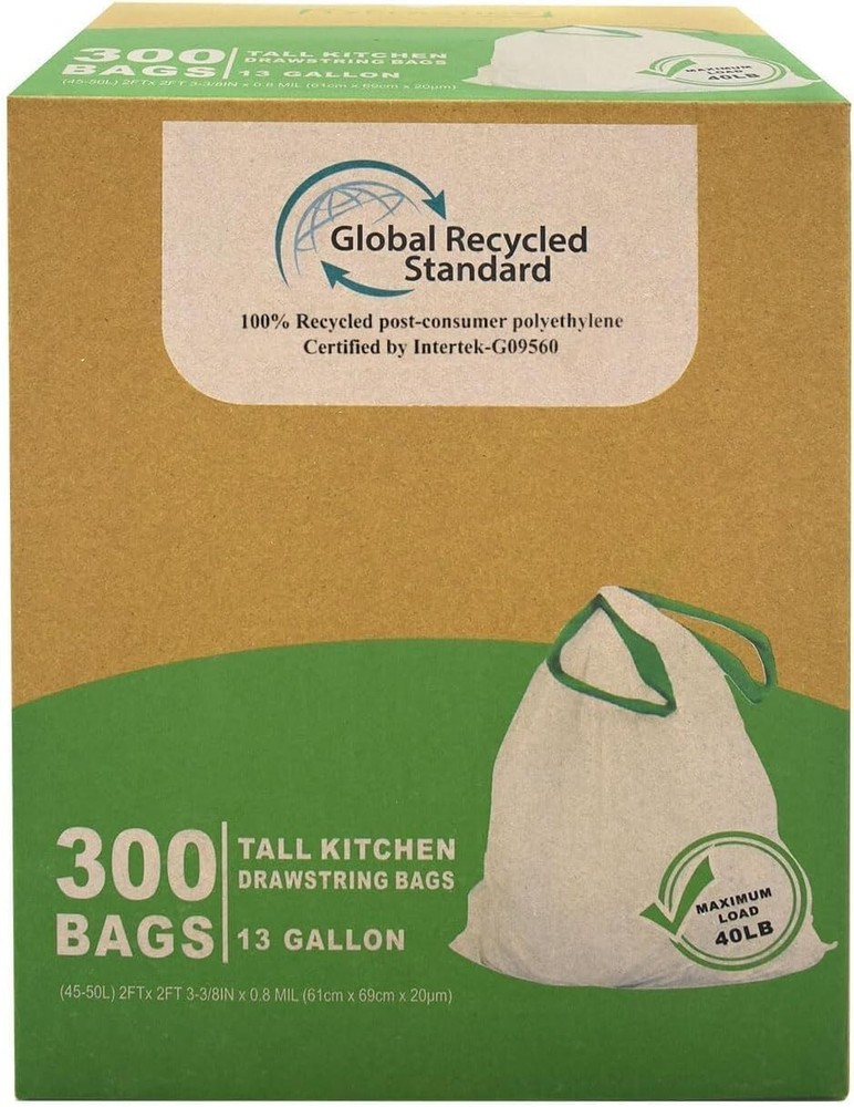 Durable 13 Gallon Trash Bags with Drawstring Closure - 100% Recycled Material
