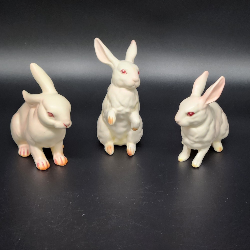 Set Of 3 Vtg Ceramic Lefton White Bunnies Rabbits H7143 & H880 Pink Eyes Easter