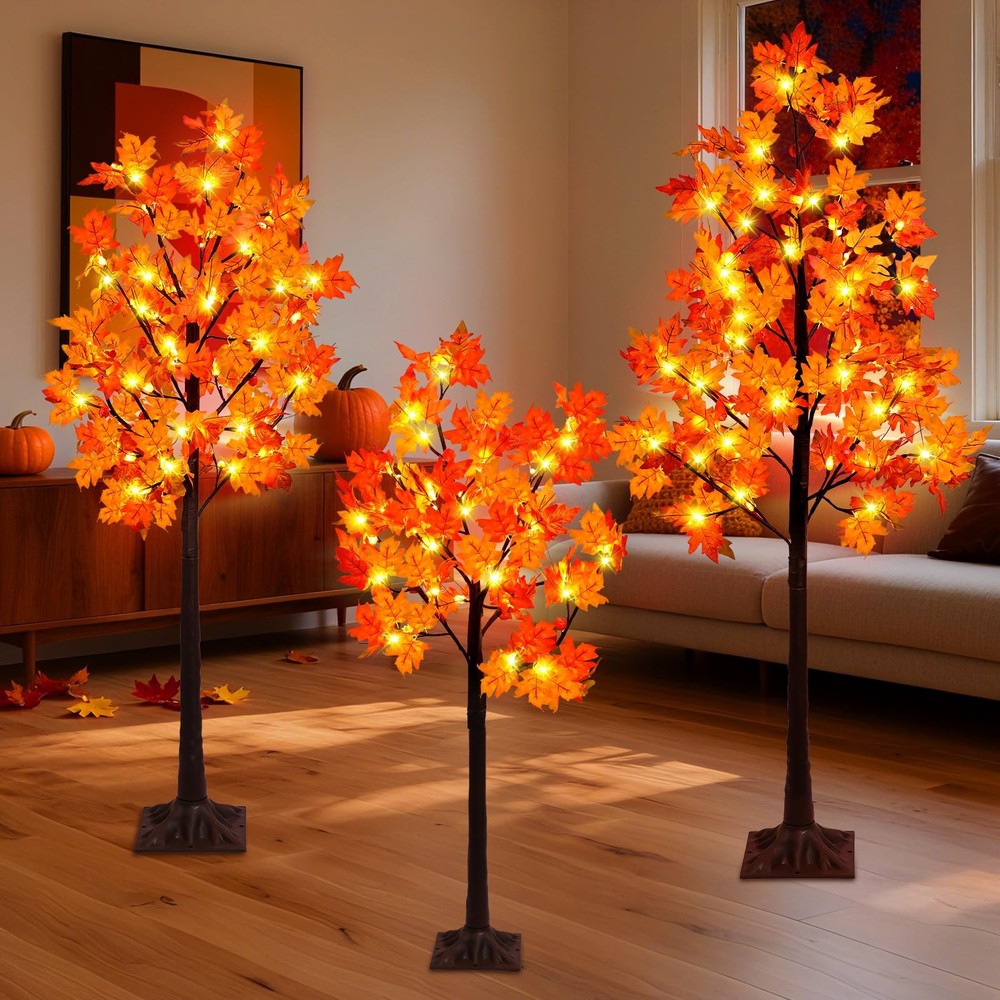 Set of 3 Artificial Lighted Maple Trees - 4FT, 5FT, 6FT with 300 Warm White L...