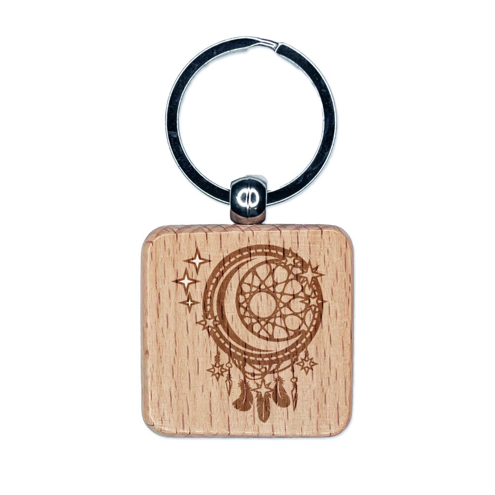 Dream Catcher Moon Stars Engraved Wood Keychain Charm Tag  