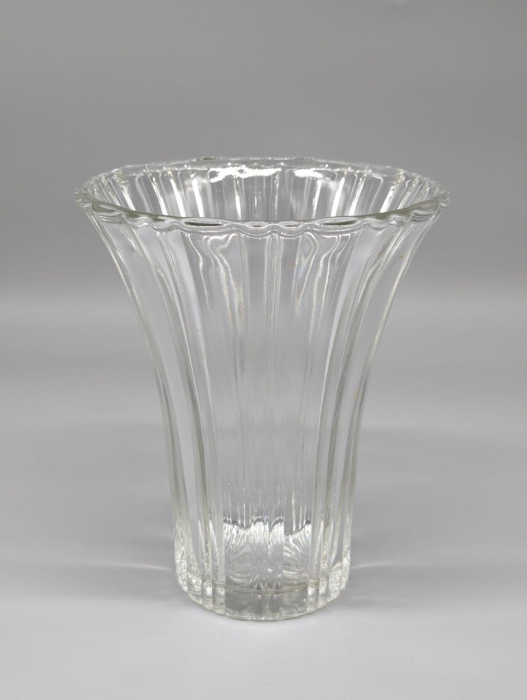 Vintage Clear Cut Ribbed Glass Flower Vase Wide Large 7