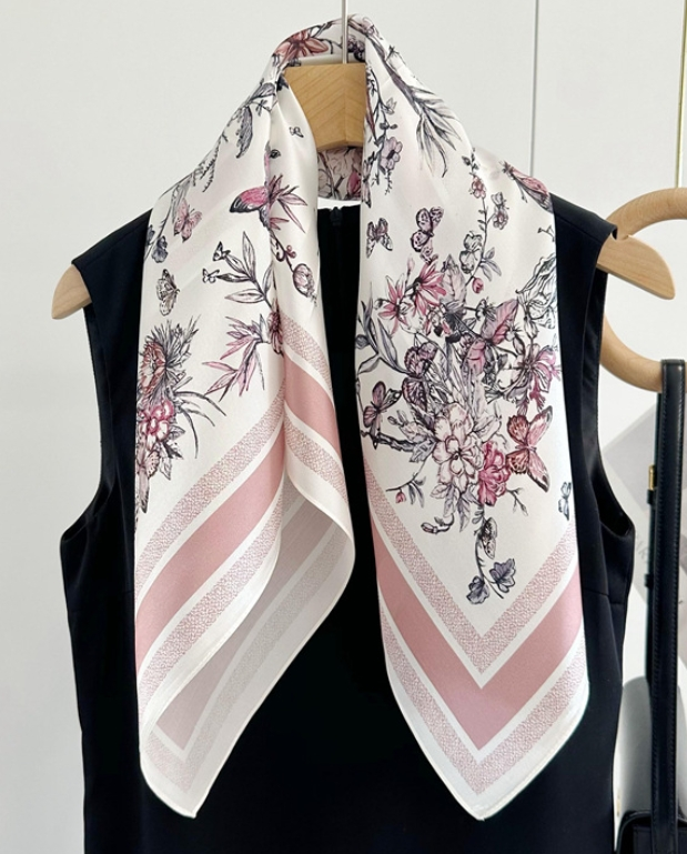 Luxury 65cm pink printed mulberry silk butterfly garden square scarf shawl
