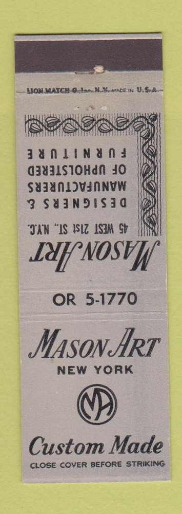 Vintage Matchbook Cover Featuring Mason Art NYC Furniture  