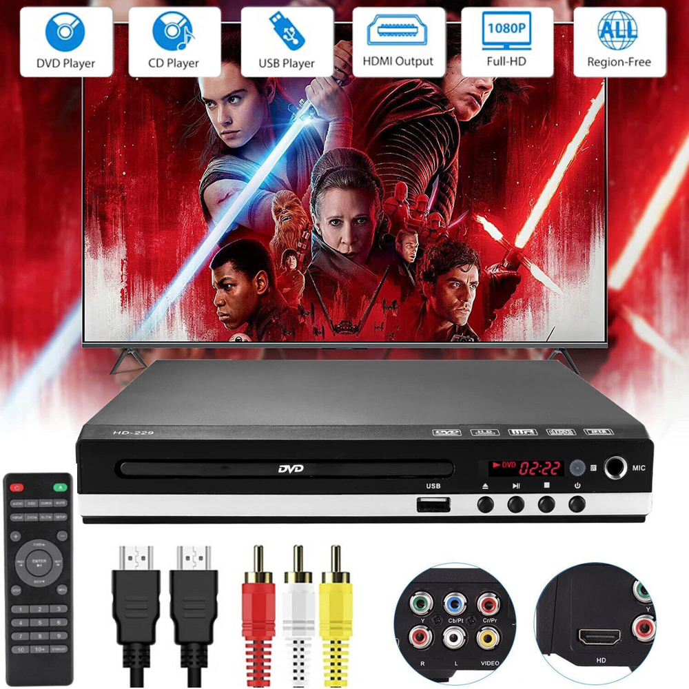 All-Region 1080p DVD Player with USB, CD Playback & HD RCA Output for Home
