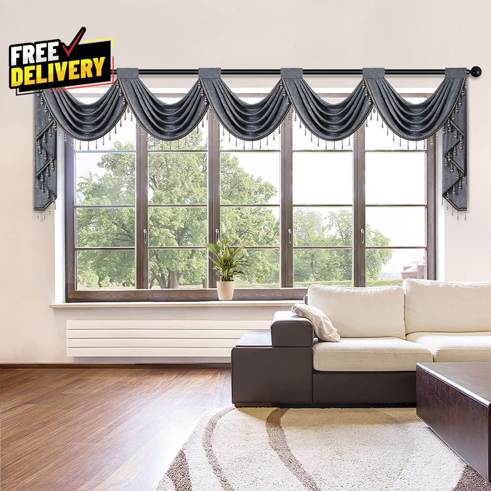 Grey Chenille Waterfall Valance 5 Hollow Swags Large Window 1 Panel 95