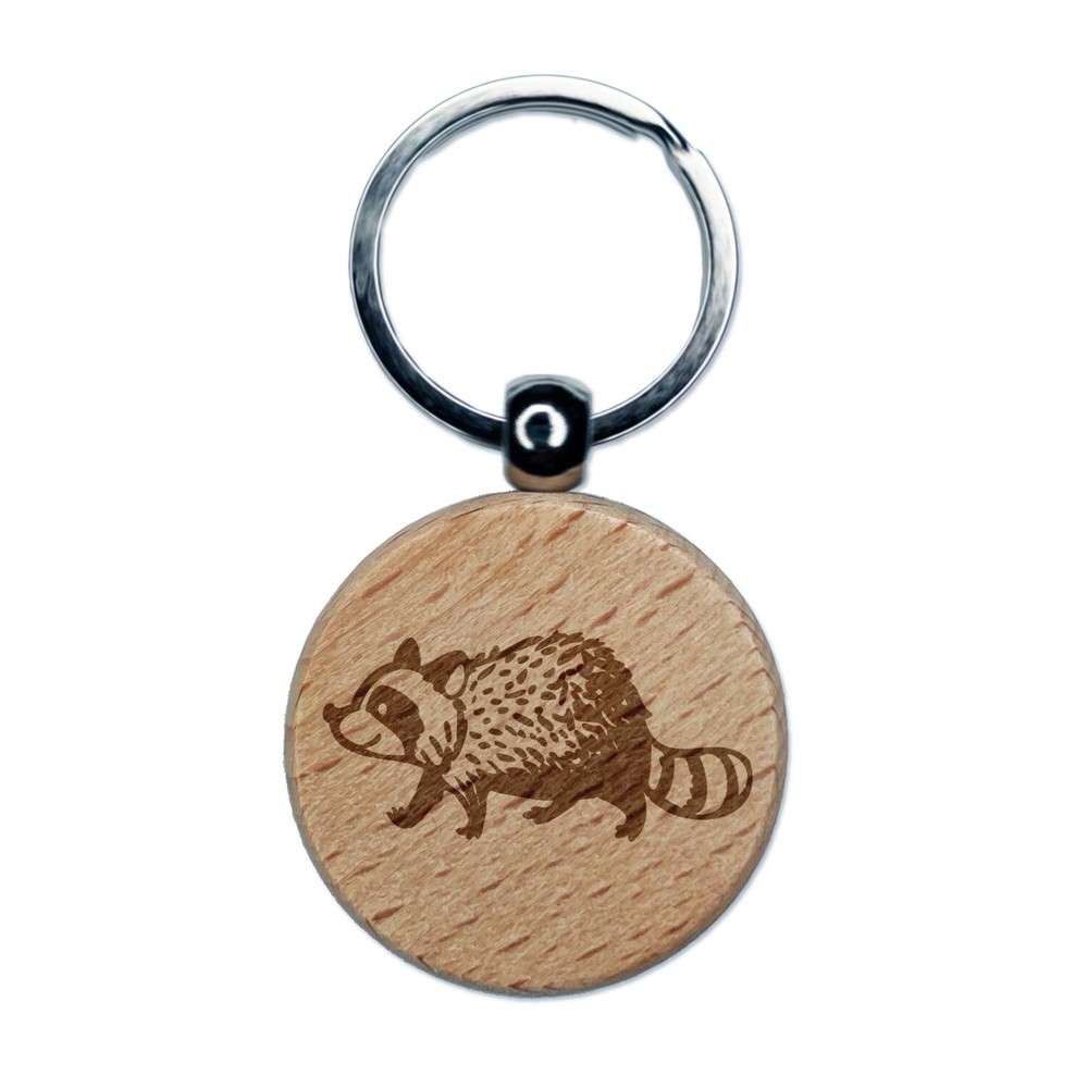 Adorable Walking Raccoon Engraved Wood Keychain Charm