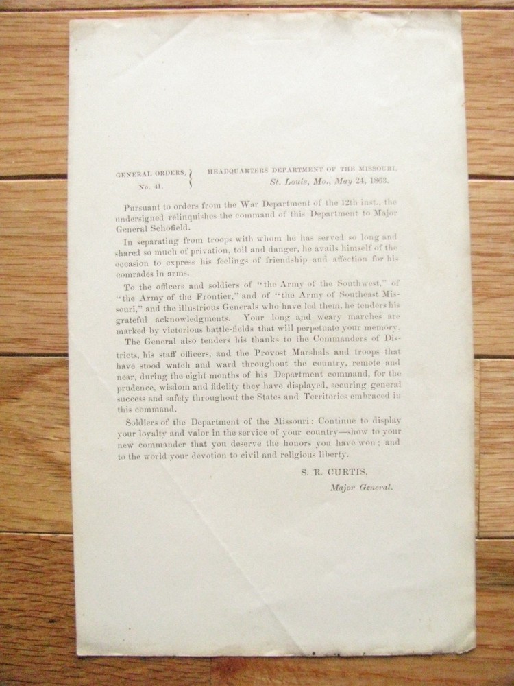 CIVIL WAR MISSOURI GENERAL SAMUEL CURTIS FAREWELL ORDER 1863