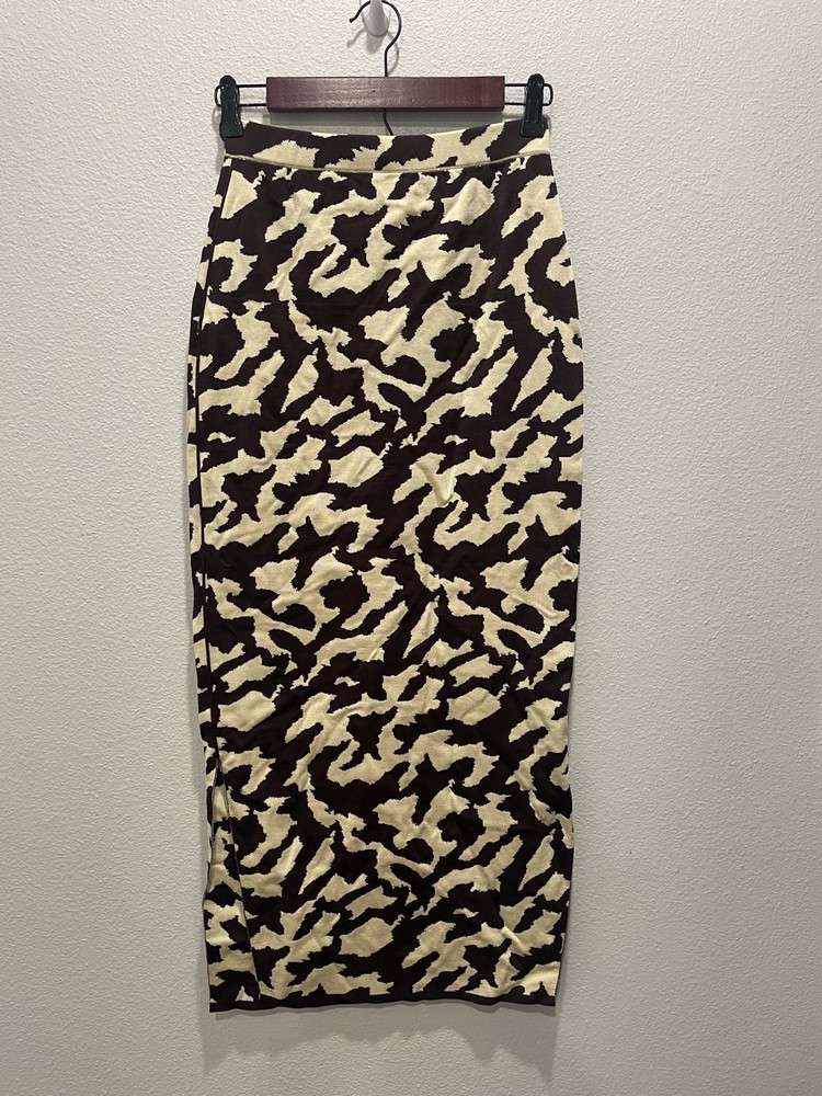Nanushka Women's Brown Jenny Bodycon Midi Skirt Size S Animal Print Double Slit
