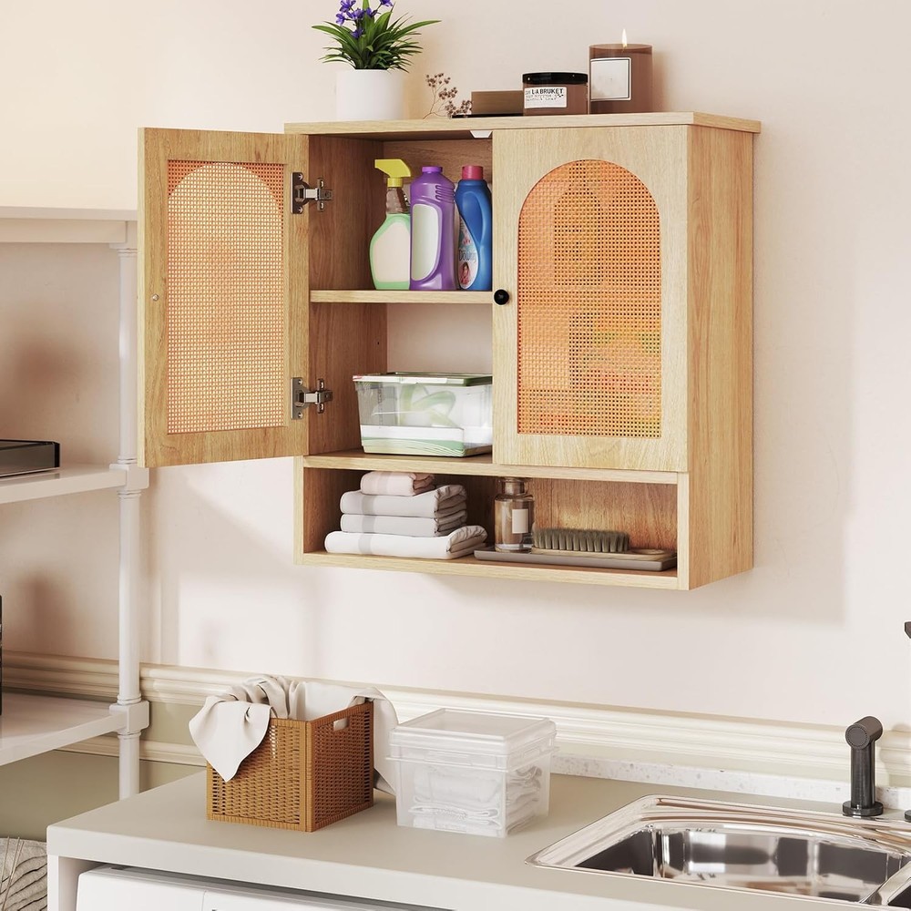 Rattan Bathroom Wall Cabinet with Adjustable Shelves and Deep Storage