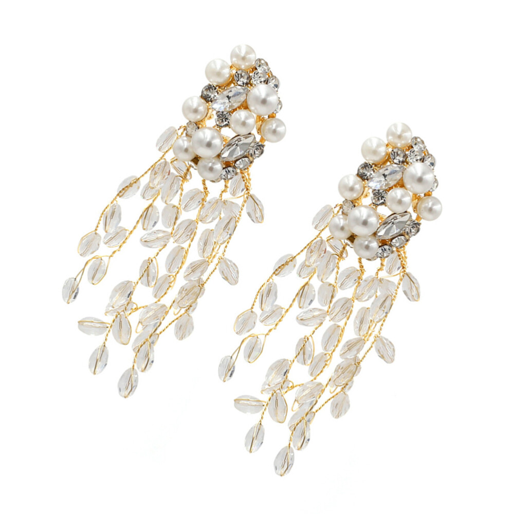 1 Pair of Long Crystal Tassel Stud Earrings Pearl Rhinestone Dangle Ear Jewelry