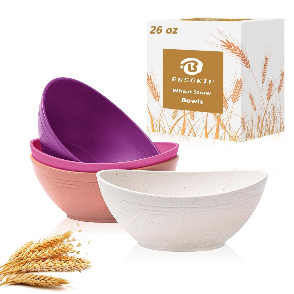 26oz Wheat Straw Bowls 4-Pack Unbreakable Cereal Set Microwave & Dishwasher Safe
