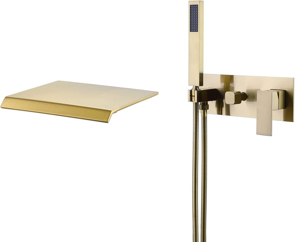 Brushed Gold Bathtub Faucet High Flow Waterfall Spout & Hand Shower Wall Mount
