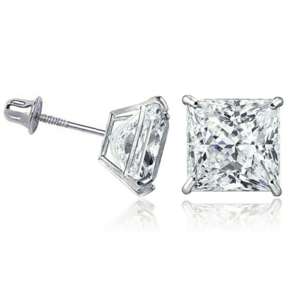 1 ct Moissanite Princess Cut Stud Earrings in 14K White Gold with Screw Backs