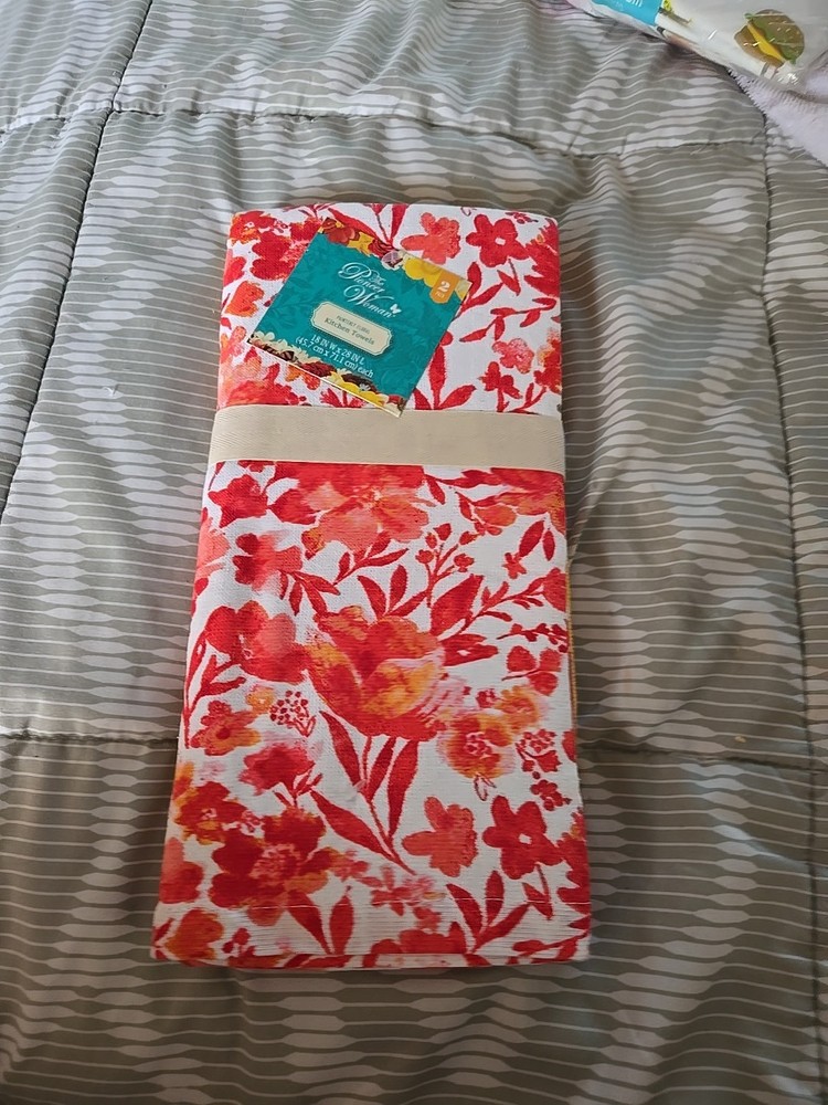 Pioneer Woman Painterly Floral Coral Cotton Kitchen Towels 2-Pack