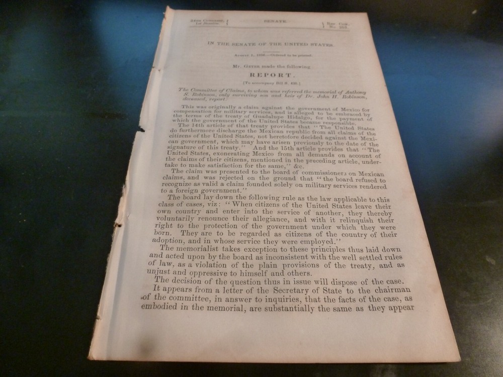 Government Report 1856 Relief John Robinson Mexican War