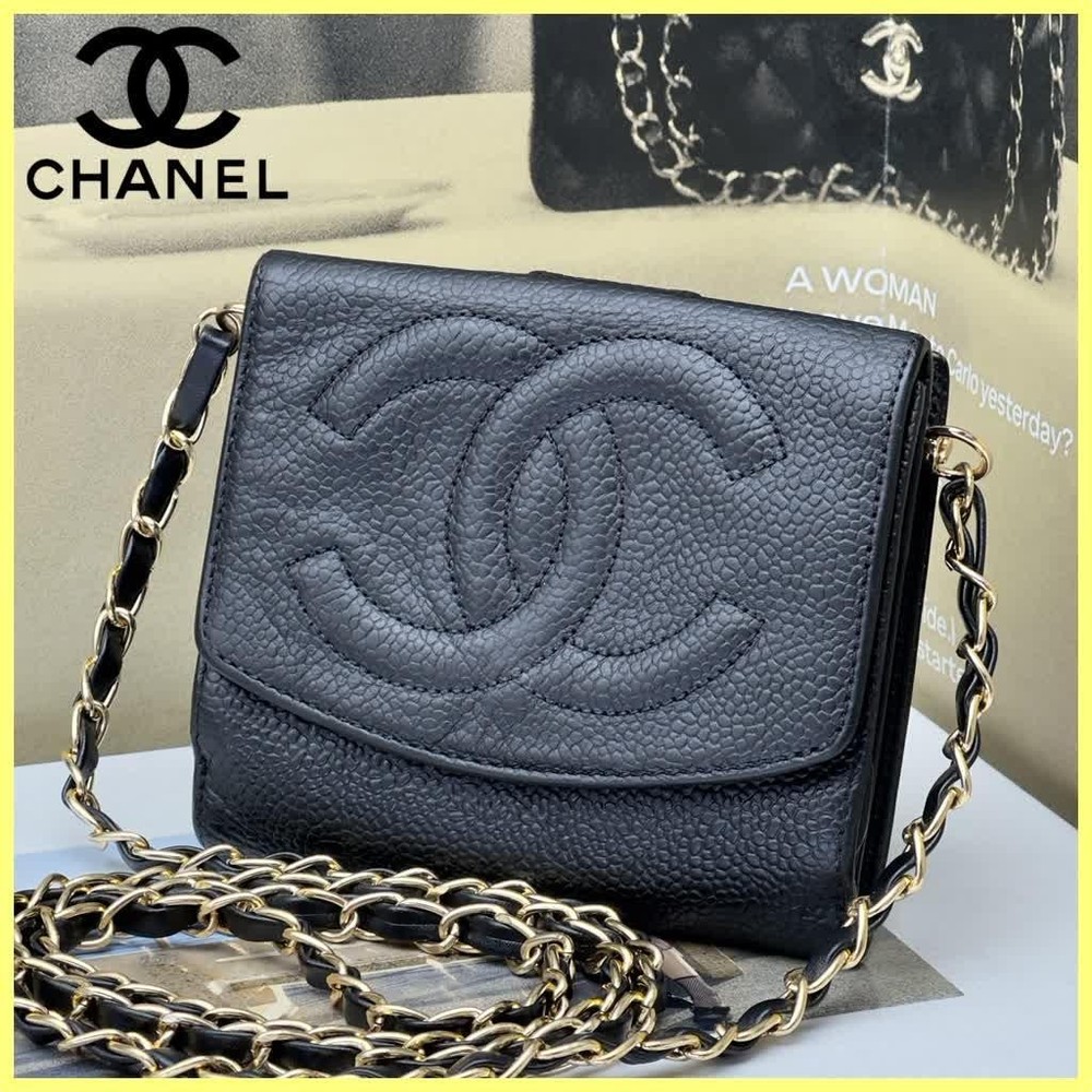 Chanel Caviar Bifold Wallet Black Coco Mark Compact Strap Authentic