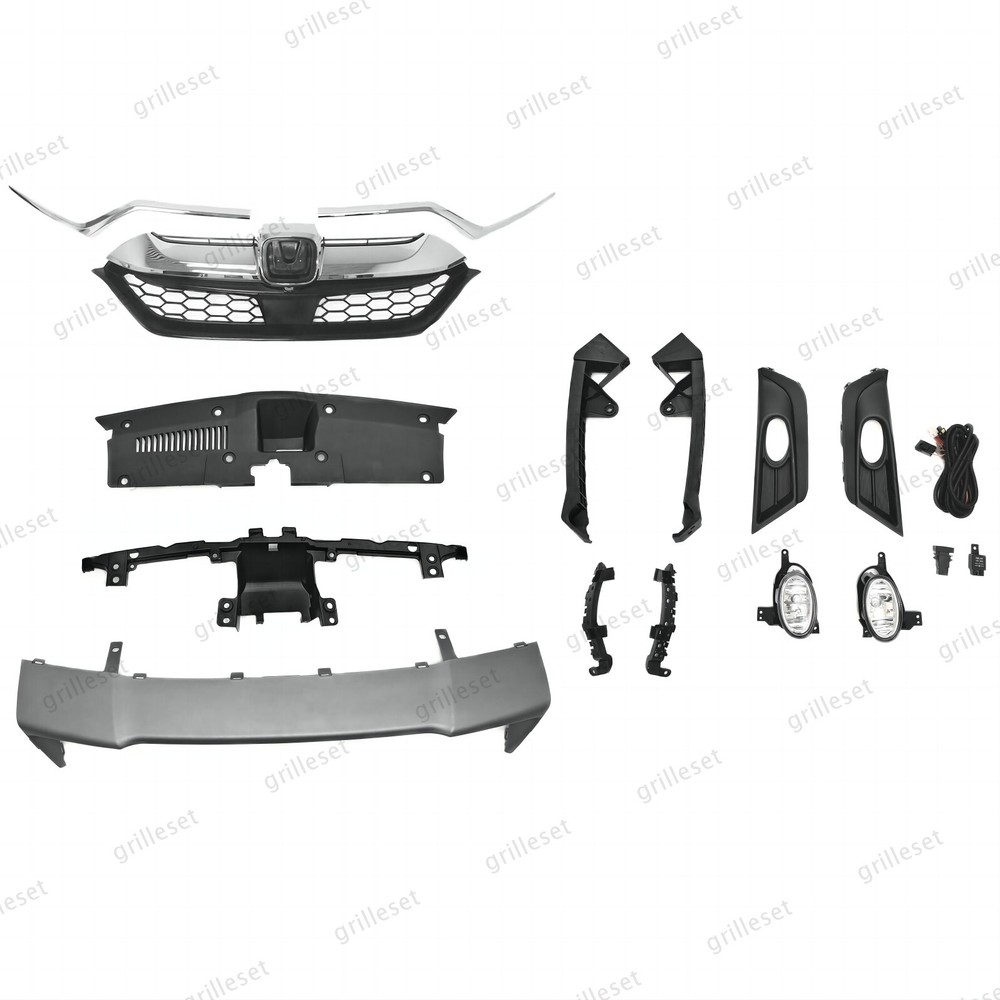For CR-V 2017-2019 Grille, Trim, Bumper Garnish, Fog Light & Stay Bracket Set