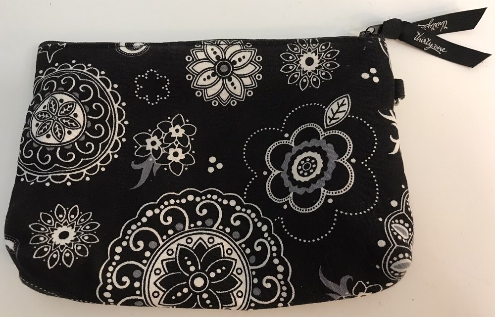 Thirty One Perfect Cents Wallet Mini Zipper Pouch Floral Paisley Black White